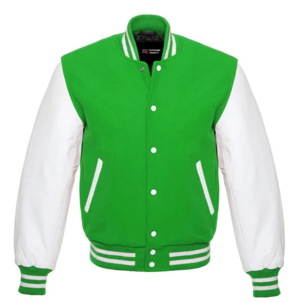 kelly green and white leather sleeve letterman varsity jacket