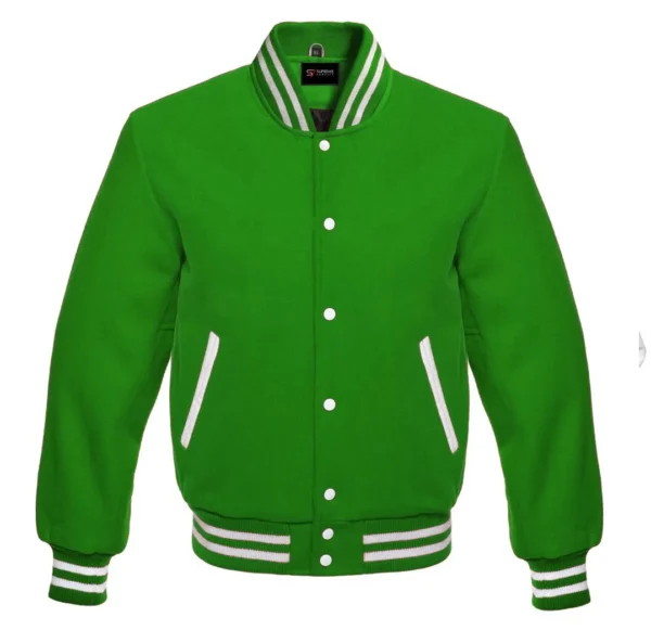 kelly green wool letterman varsity jacket white rib