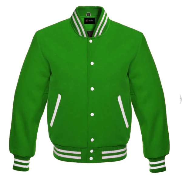 kelly green wool letterman varsity jacket white rib