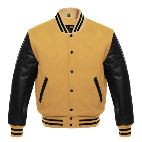 khaki and black leather sleeve letterman varsity jacket