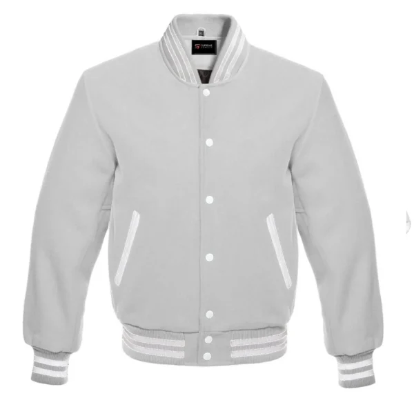 light grey wool letterman varsity jacket white rib