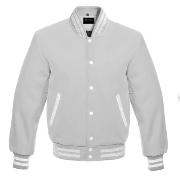 light grey wool letterman varsity jacket white rib