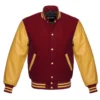 maroon and gold leather sleeve letterman varsity jacket