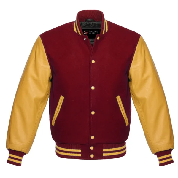 maroon and gold leather sleeve letterman varsity jacket