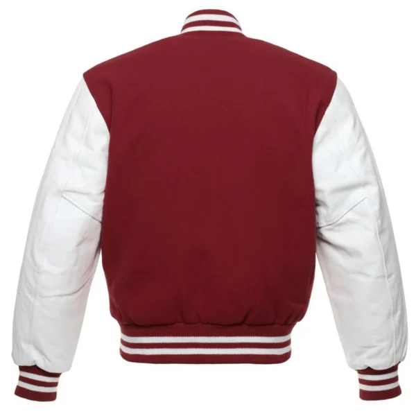 maroon and white leather sleeve letterman varsity jacket back