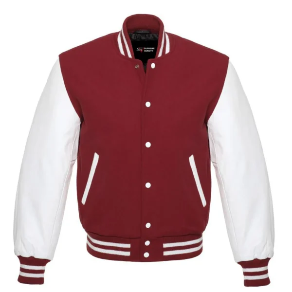 maroon and white leather sleeve letterman varsity jacket