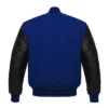 navy and black leather sleeve letterman varsity jacket back