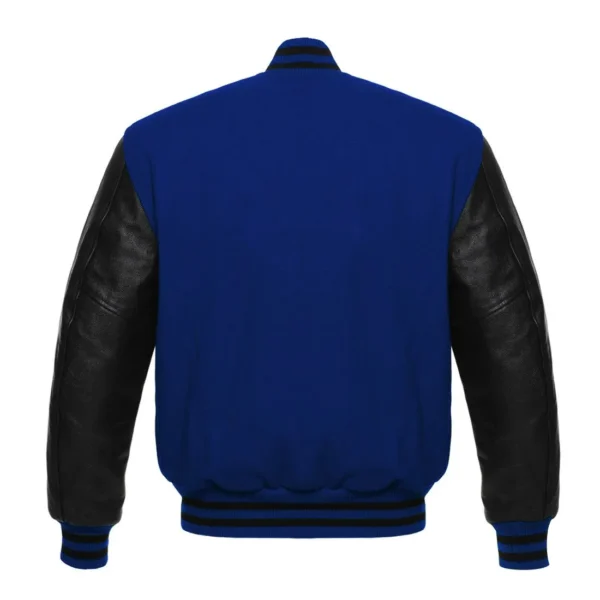 navy and black leather sleeve letterman varsity jacket back