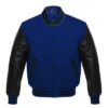 navy and black leather sleeve varsity jacket