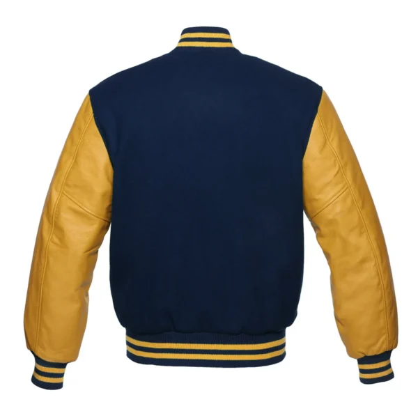 navy and gold leather sleeve letterman varsity jacket back