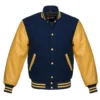 navy and gold leather sleeve letterman varsity jacket