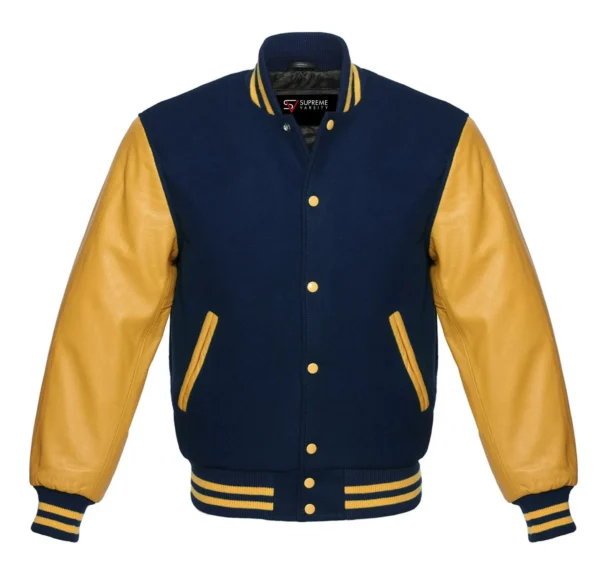 navy and gold leather sleeve letterman varsity jacket