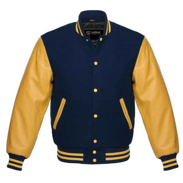 navy and gold leather sleeve letterman varsity jacket