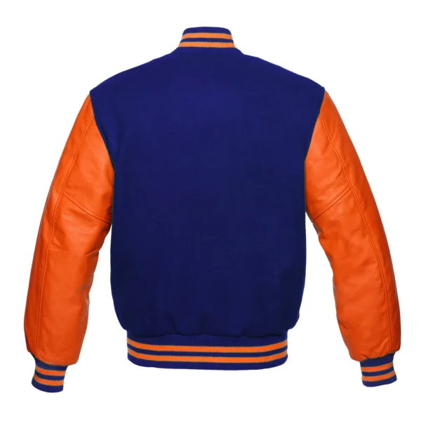 navy and orange leather sleeve letterman varsity jacket back