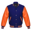 navy and orange leather sleeve letterman varsity jacket