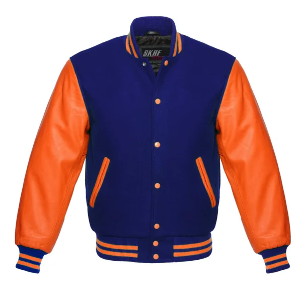 navy and orange leather sleeve letterman varsity jacket