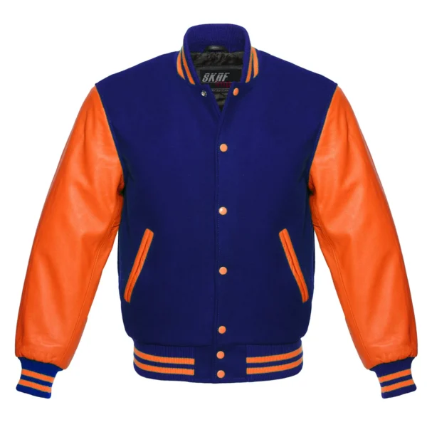 navy and orange leather sleeve letterman varsity jacket