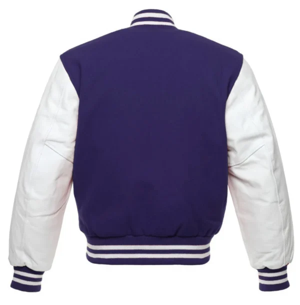 navy and white leather sleeve letterman varsity jacket back