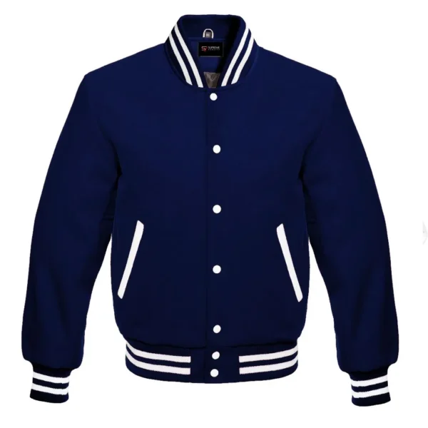 navy wool letterman varsity jacket white rib