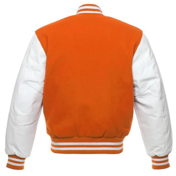 orange and white leather sleeve letterman varsity jacket back