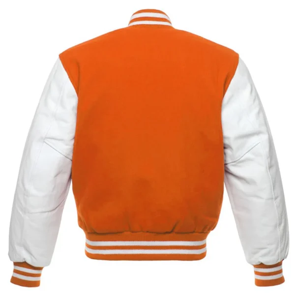 orange and white leather sleeve letterman varsity jacket back