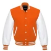 orange and white leather sleeve letterman varsity jacket