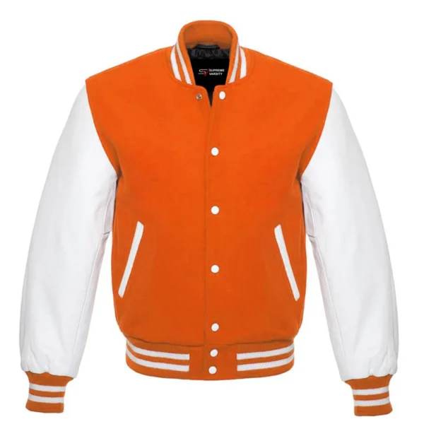 orange and white leather sleeve letterman varsity jacket