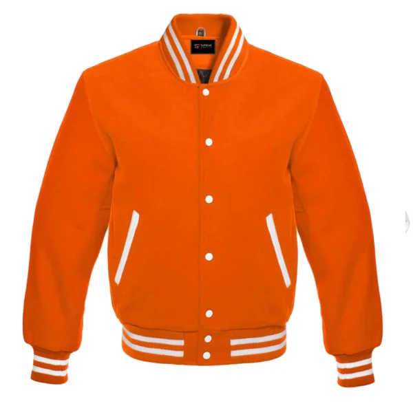 orange wool letterman varsity jacket white rib