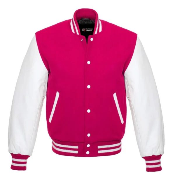 pink and white leather sleeve letterman varsity jacket