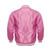 Pink satin bomber varsity jacket white rib back