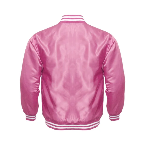 Pink satin bomber varsity jacket white rib back