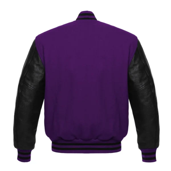 purple and black leather sleeve letterman varsity jacket back