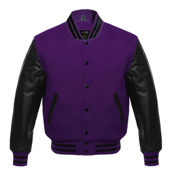 purple and black leather sleeve letterman varsity jacket