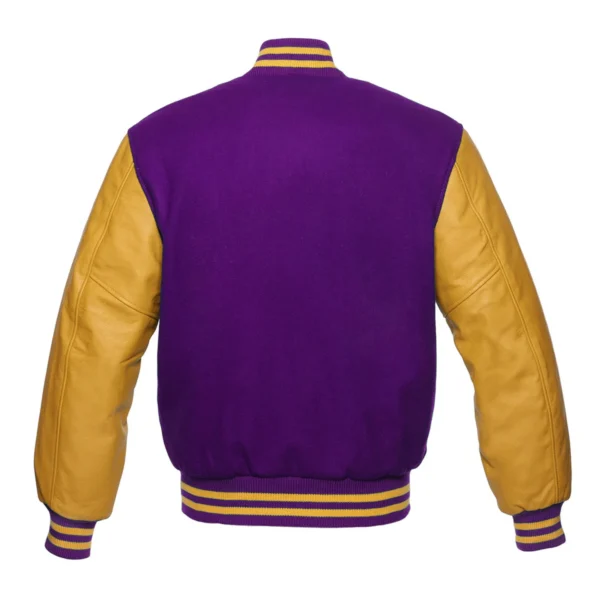 purple and gold leather sleeve letterman varsity jacket back