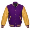 purple and gold leather sleeve letterman varsity jacket