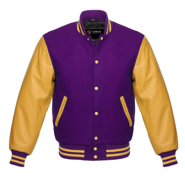 purple and gold leather sleeve letterman varsity jacket