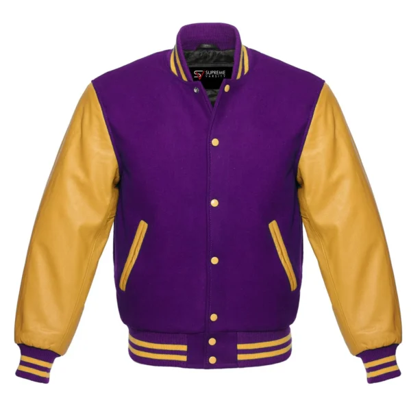 purple and gold leather sleeve letterman varsity jacket