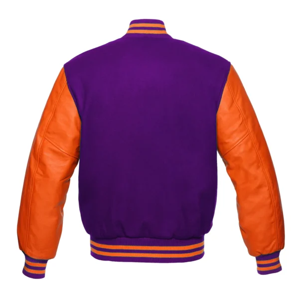 purple and orange leather sleeve letterman varsity jacket back
