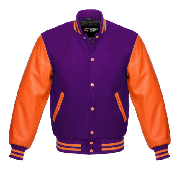 purple and orange leather sleeve letterman varsity jacket