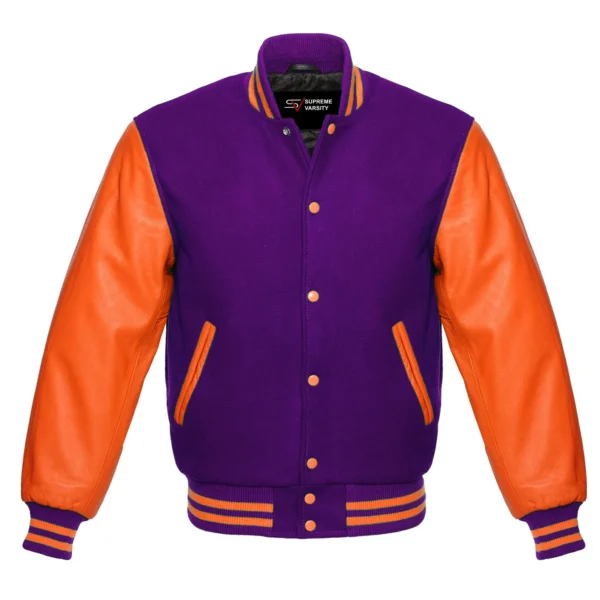 purple and orange leather sleeve letterman varsity jacket