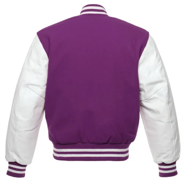 purple and white leather sleeve letterman varsity jacket back