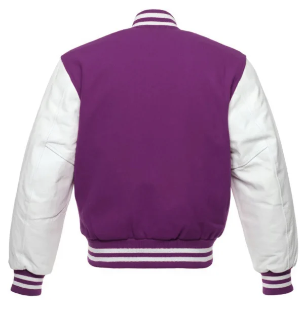 purple and white leather sleeve letterman varsity jacket back