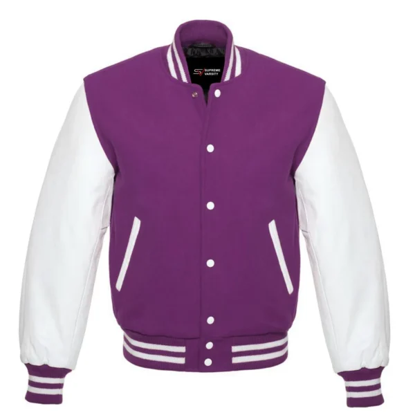 purple and white leather sleeve letterman varsity jacket