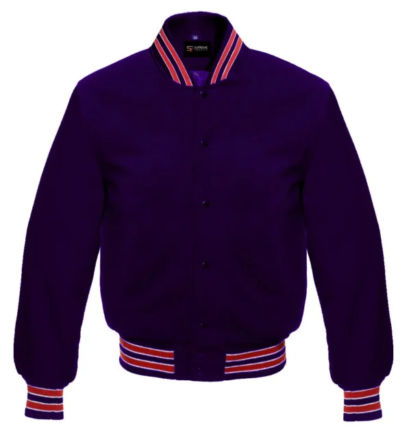 purple wool letterman varsity jacket red white rib