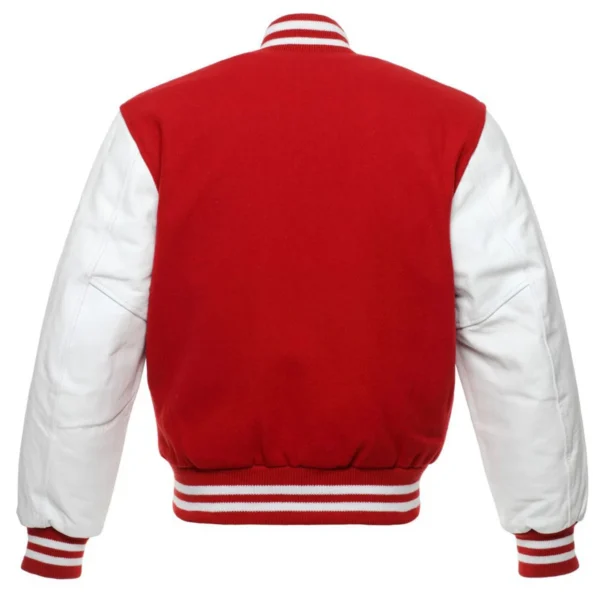 red and white leather sleeve letterman varsity jacket back