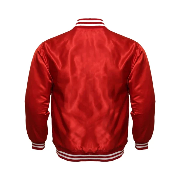 red satin bomber varsity jacket white rib back