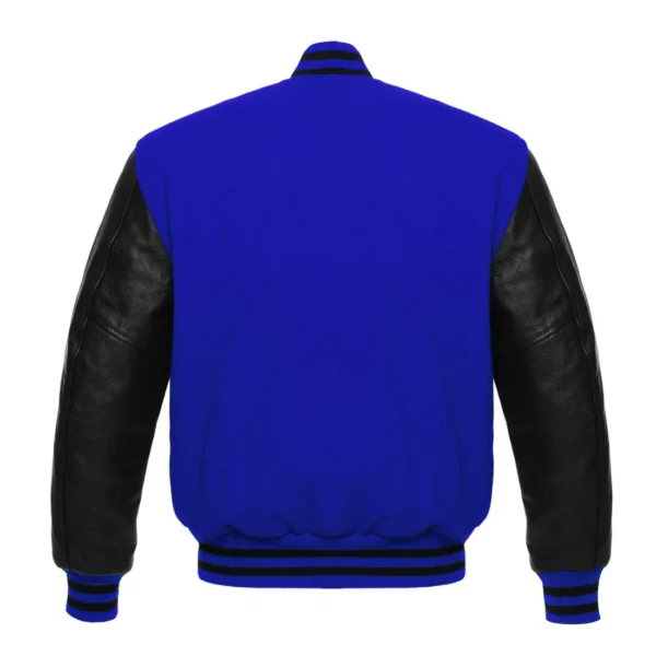 royal blue and black leather sleeve letterman varsity jacket back