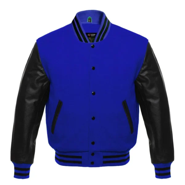 royal blue and black leather sleeve letterman varsity jacket