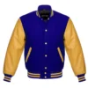 royal blue and gold leather sleeve letterman varsity jacket