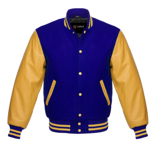 royal blue and gold leather sleeve letterman varsity jacket